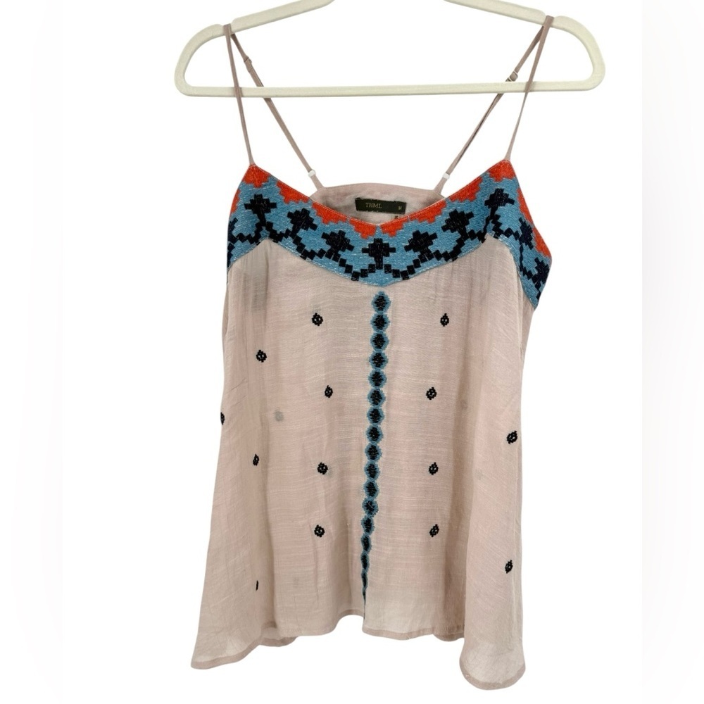 THML Women's Embroidered Beige Blue Orange Spaghetti Strap Gauzy Top